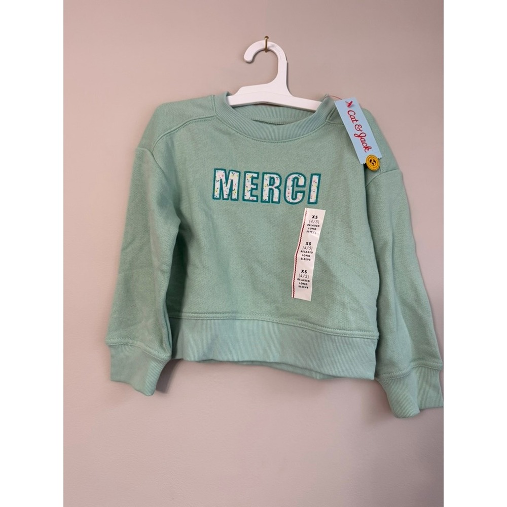 Cat & Jack Sweatshirt Kids XS 4/5 Mint Green Merci Graphic NWT